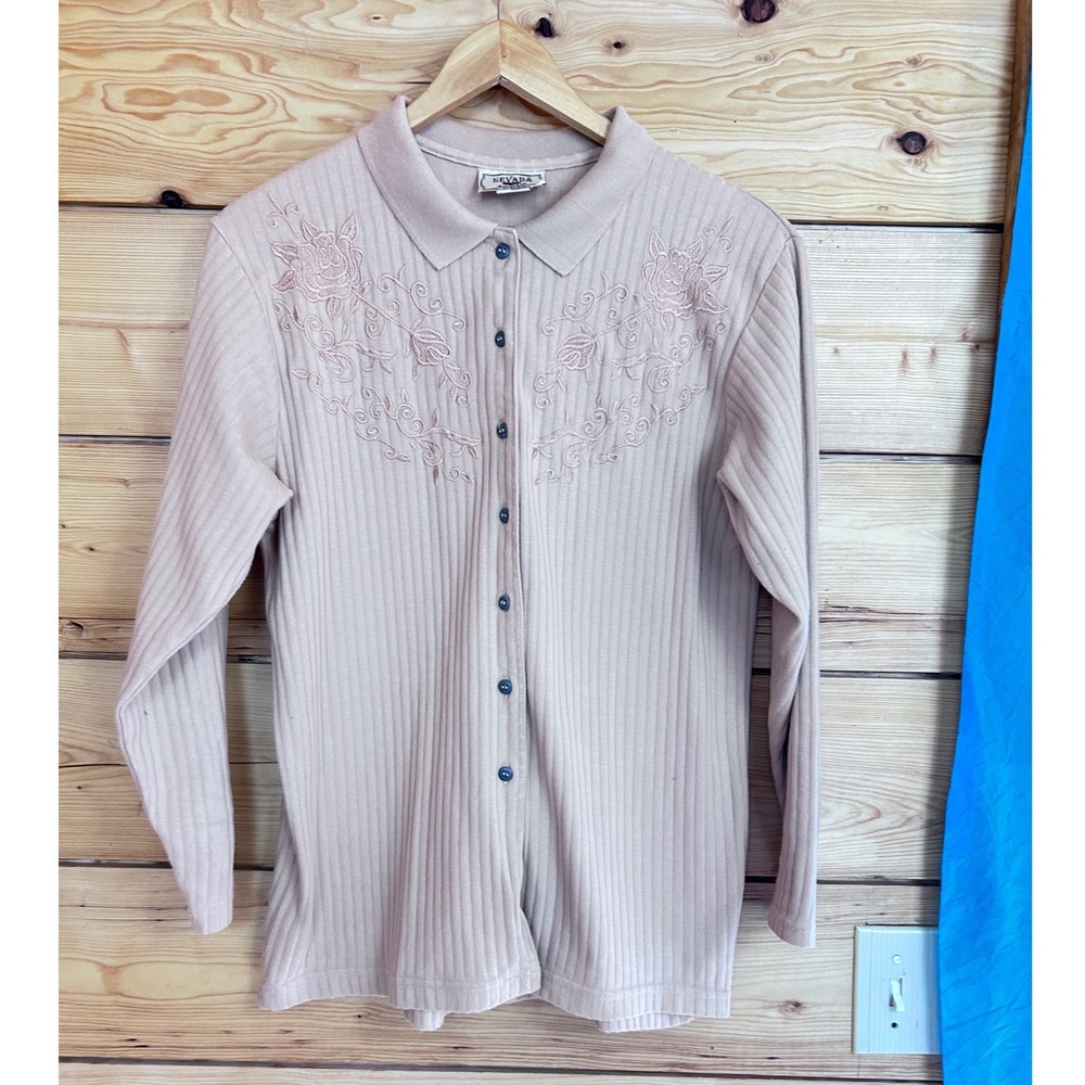 Vintage Nevada Jeanswear Ribbed Embroidered Floral Cardigan Mauve‎ Cotton Size 8